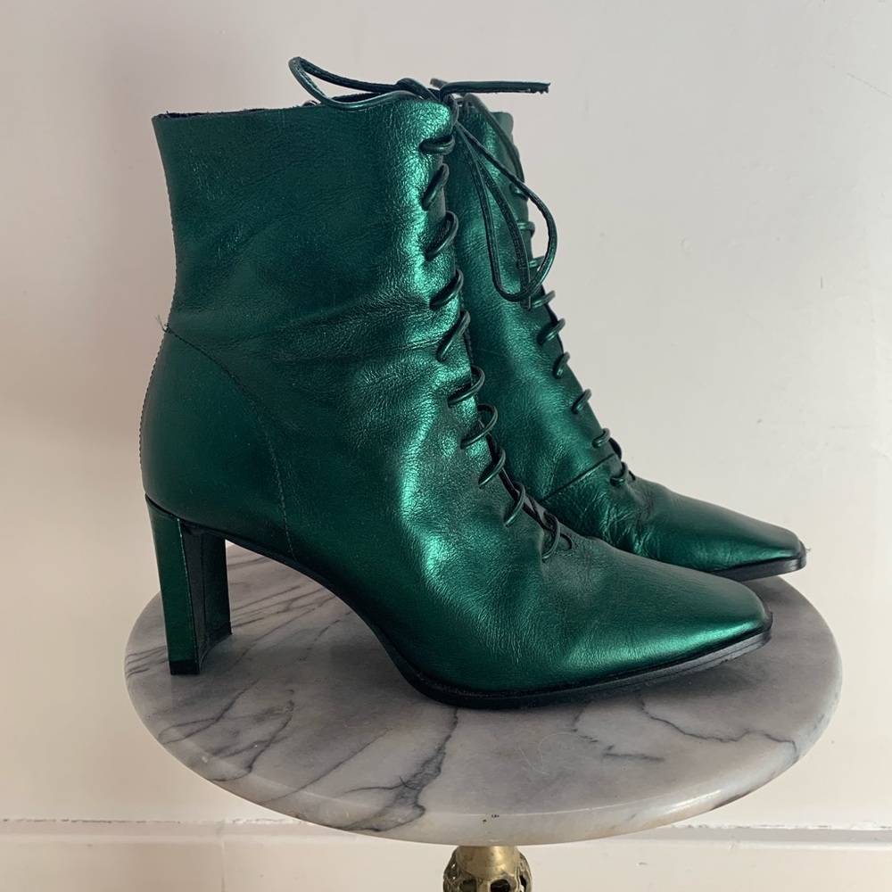 Emerald Green Leather Ankle Boots